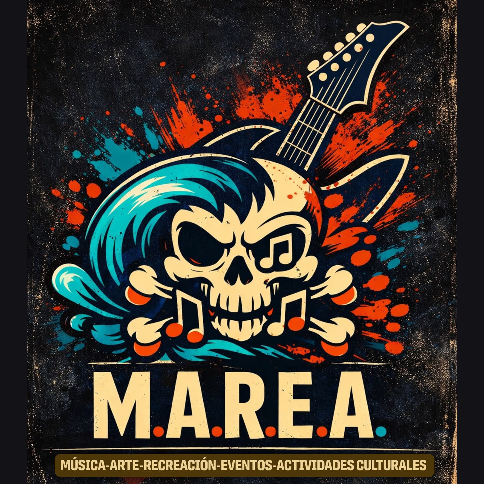 Afiche de M.A.R.E.A. con una calavera musical, una guitarra y trazos turquesa y naranjos.